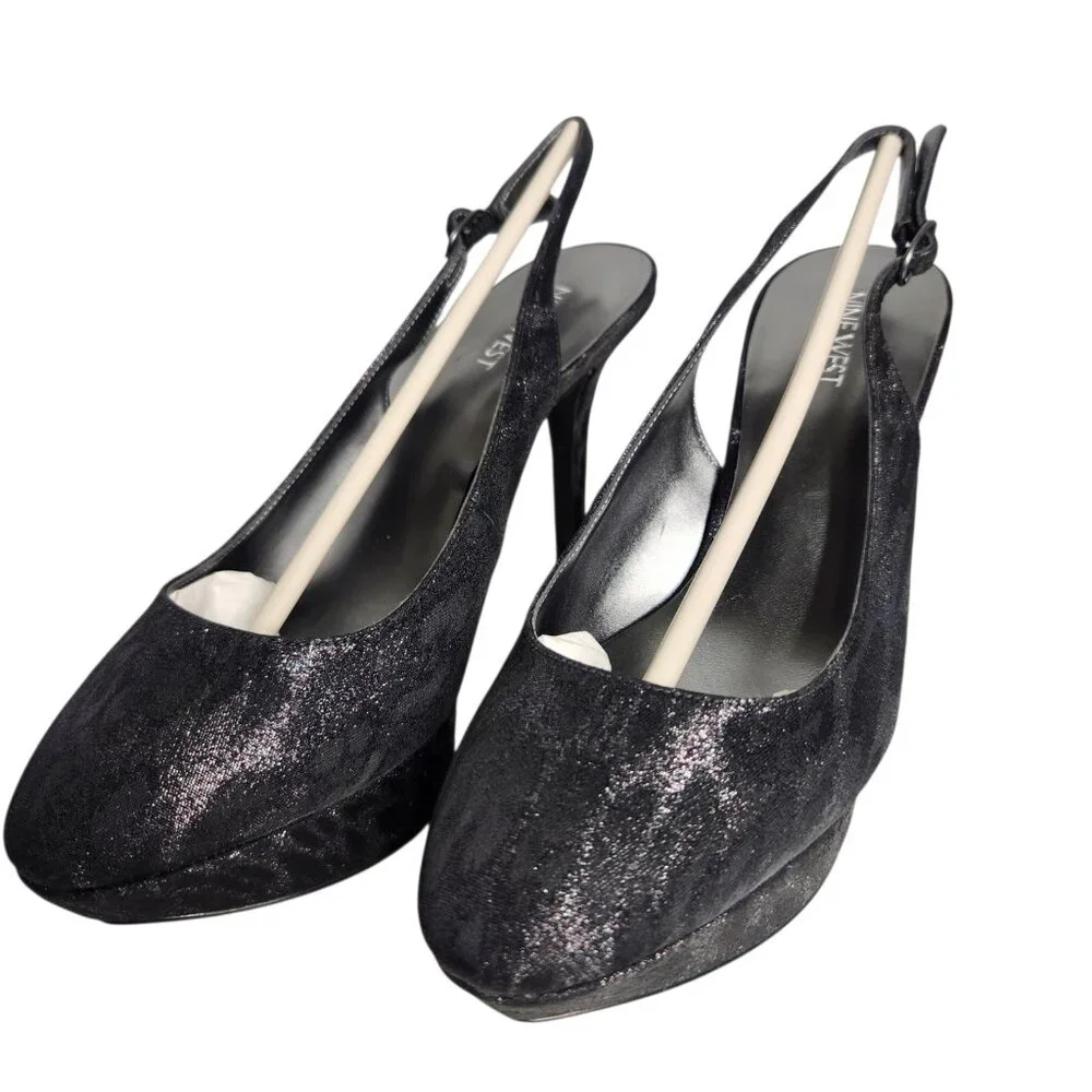 Nine West Women's Cozelle Fabric Platform Pump Black/Silver 8.5 M Animal Print